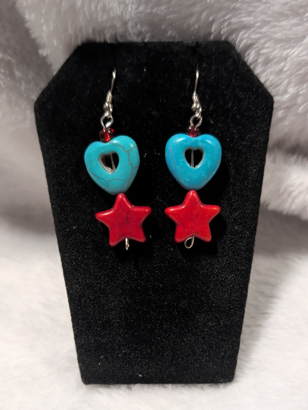 Vintage Western Turquoise Heart Red Star Beaded Dangle Hook Earrings